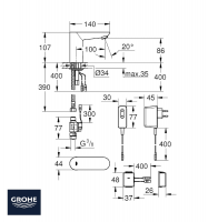 MEDIDAS GRIFO LAVABO EUROEXO COSMOPOLITAN E BLUETOOTH GROHE